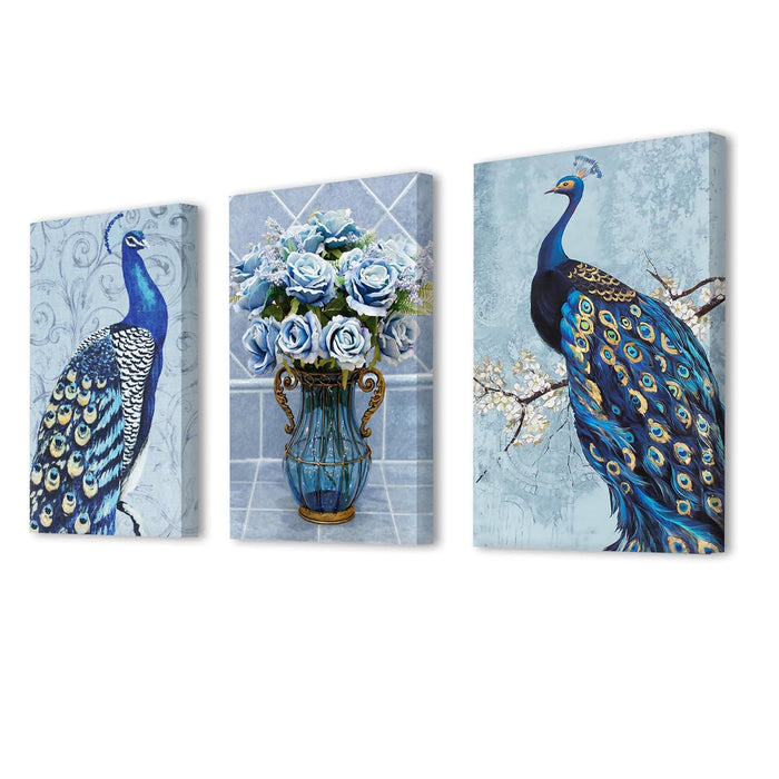 Art Street Stretched Canvas Painting Beautiful Peacock & Flower with Vase Print For Home Décor (Set of 3, Size: 16x22 Inch)