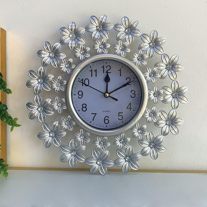 Art Street Antique Design Decorative Flower Wall Clock for Home, Aesthetic Premium Retro Clock Design Unique Wall Hangings (Silver, 25 X 25 Cm)