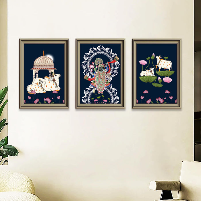 Art Street Pichwai Painting Indian Traditional Wall Art Of Lord Shrinathji Dancing For Home Decor - Set Of 3 (Silver, 3 Pcs-12x18 Inch)