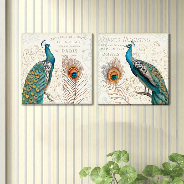 Art Street Decorative Peacock Stretch Canvas Painting for Home Décor (Set of 2, 12 X 12 Inches)