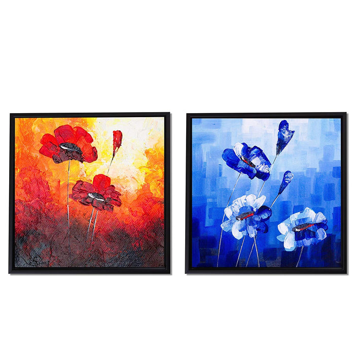 Red & Blue Floral Print Framed Canvas Painting