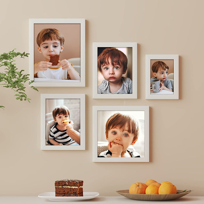 Locus MDF Wall Photo Frames for Living Room - Set of 5, Home Décor, Size: 5x7, 6x8, 8x8, 8x10 Inch (White)