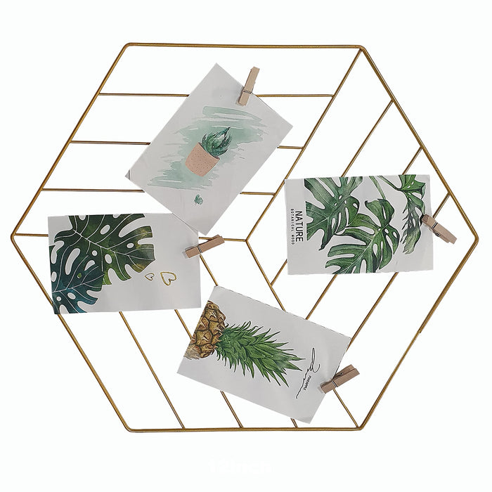 Art Street Hexagon Shape DIY Metal Photo grid wall for photo hanging, wall decoration and display (size- 35 x 40 cm) -Photo clips included-Gold Color Hexagonal