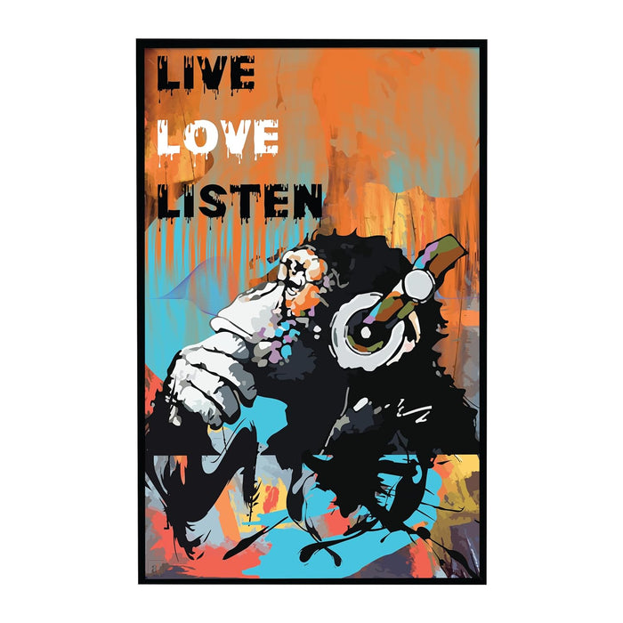 Art Street Framed Canvas Painting Monkey Live Love Listen Pop Graffiti Art Wall Décor Abstract Art (Size: 23x35 Inch)