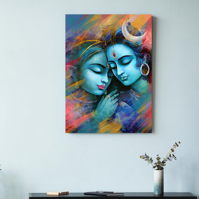 Art Street Stretched Canvas Painting True Love of Lord Shiva and Parvati Wall Art Print for Home & Wall Décor (Size: 16x22 Inch)