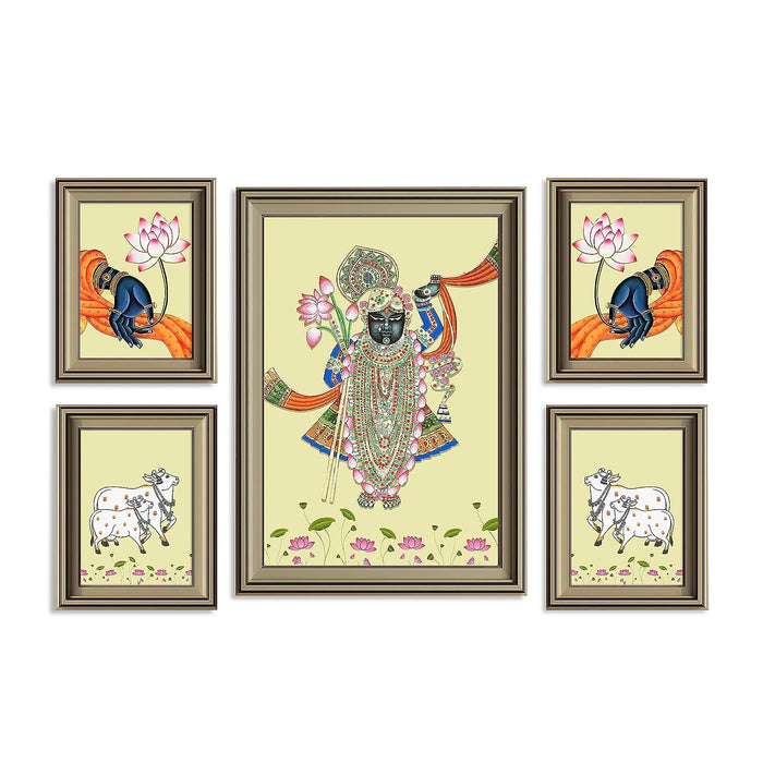 Art Street Pichwai Painting Indian Traditional Wall Art Of Lord Shrinathji Dancing For Living Room For Home Decor - Set Of 5 (Silver, 4 Pcs-5x7 Inch, & 12x18 Inch)