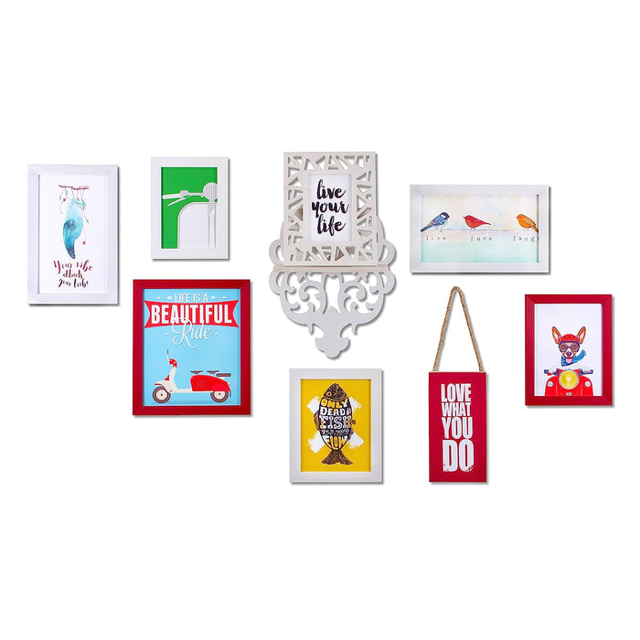 Art Street - Live your life gallery wall ( Set of 7 Red & White photo frame + Do what you love wall hanging + PVC wall shelf)