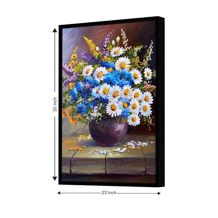 Art Street Canvas Painting Bouquet of White Sunflowers Framed For Living Room (Size: 23x35 Inch)