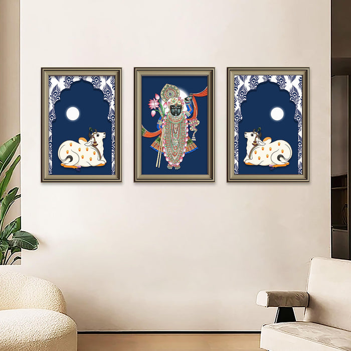 Art Street Pichwai Painting Indian Traditional Wall Art Of Lord Shrinathji Dancing For Home Decor - Set Of 3 (Silver, 3 Pcs-12x18 Inch)