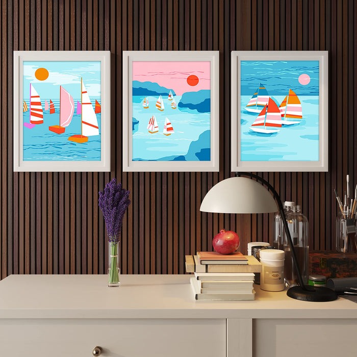 Art Street Abstract Floater Pop Art Boat In The Sea Framed Art Prints For Wall Décor, Home Bedroom Decoration, Office Room Décor Gift, Multicolor (Set Of 3, 13x17 Inch)