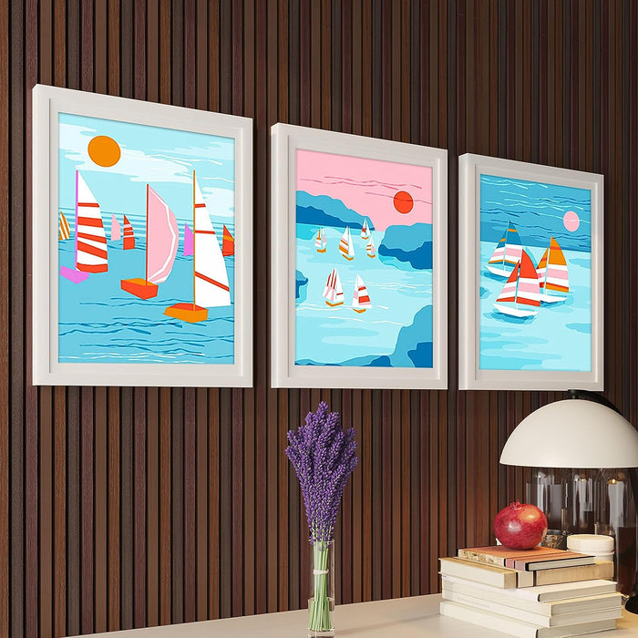 Art Street Abstract Floater Pop Art Boat In The Sea Framed Art Prints For Wall Décor, Home Bedroom Decoration, Office Room Décor Gift, Multicolor (Set Of 3, 13x17 Inch)