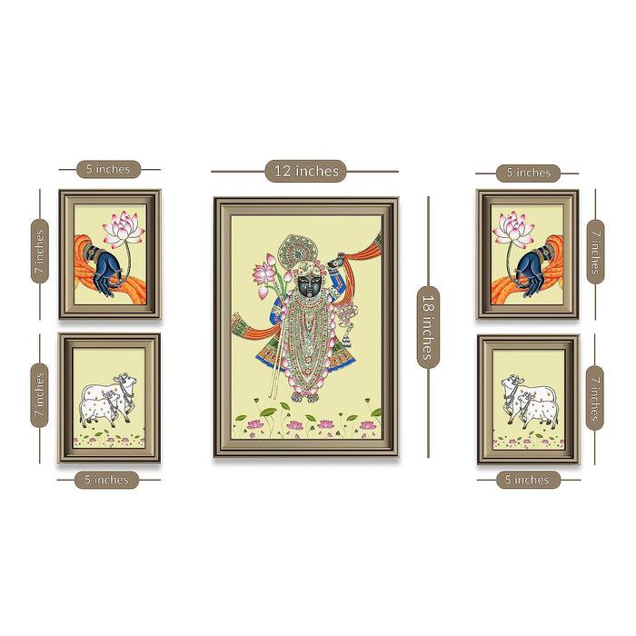 Art Street Pichwai Painting Indian Traditional Wall Art Of Lord Shrinathji Dancing For Living Room For Home Decor - Set Of 5 (Silver, 4 Pcs-5x7 Inch, & 12x18 Inch)