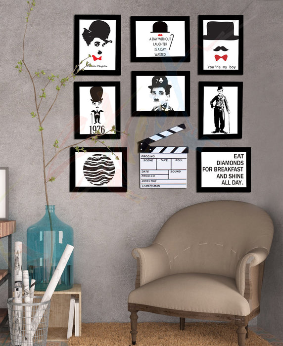 Charlie Chaplin set of 8 individual Black wall photo frame with prints + white movie action board Black ( Size 6x8)