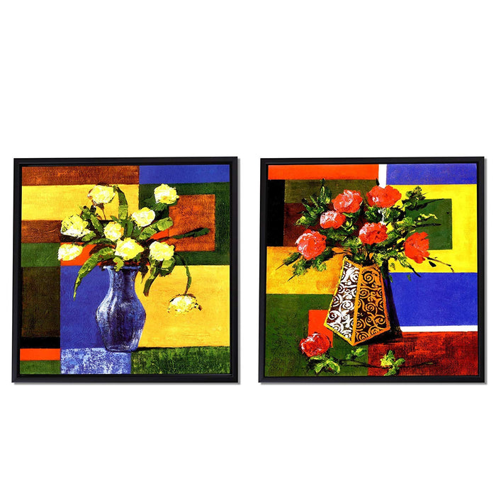 Red & Yellow Floral Print with Pot Framed Canvas Painting