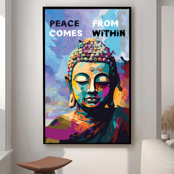 Art Street Framed Canvas Painting Lord Buddha Peace Comes Pop Graffiti Art For Wall Décor Abstract Art (Size: 23x35 Inch)