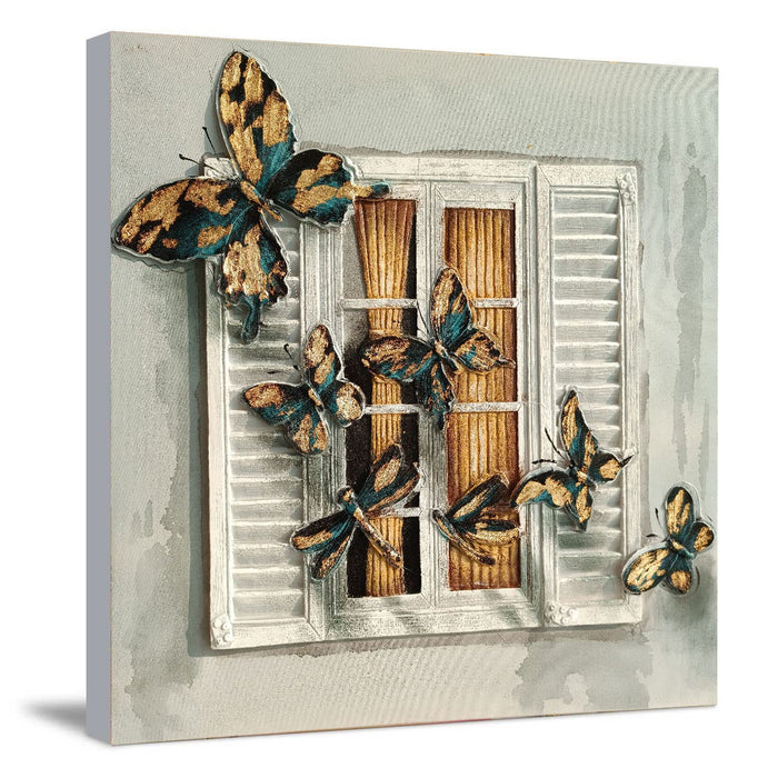 Canvas Ready to Fly Hand Painted Wall Painting Stretched On Wood Gold Foiling Embossed Textured Wooden Decorative Butterfly Oil Painting For Home Wall Decoration (Golden, 31x31 Inches)