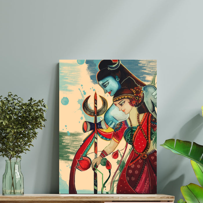 Art Street Stretched Canvas Painting Lord Shiva with Parvati Madhubani Wall Art Print for Home & Wall Décor (Size: 16x22 Inch)