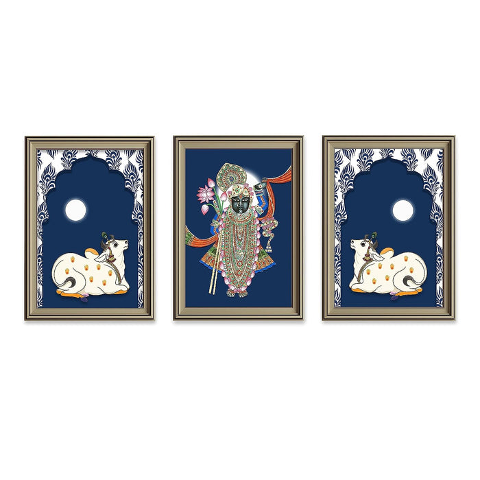 Art Street Pichwai Painting Indian Traditional Wall Art Of Lord Shrinathji Dancing For Home Decor - Set Of 3 (Silver, 3 Pcs-12x18 Inch)