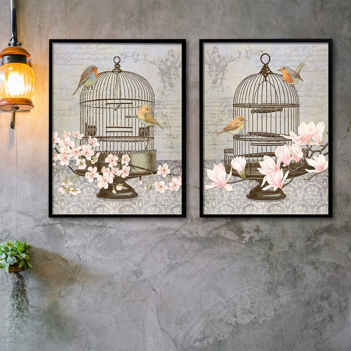 Floral Bird Theme Set of 2  Canvas Painting, Framed Canvas Art Print For living room.