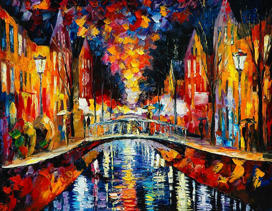 Art Street City Night & The Stream Art Print,Landscape Canvas Painting