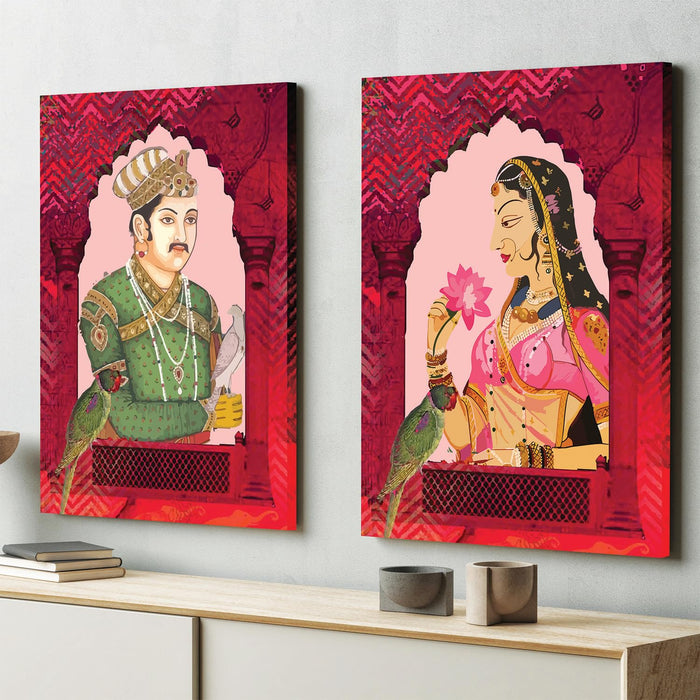 Art Street Stretched On Frame Canvas Painting Shah Jahan Mumtaz Miniature Art, Abstract Art (Set of 2, Size: 16x22 Inch)