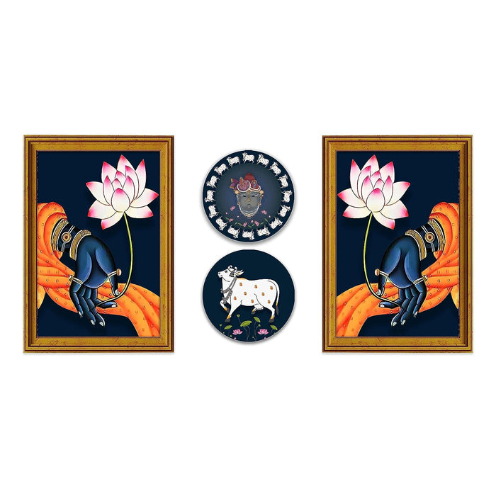 Art Street Pichwai Painting Indian Traditional Wall Art Of Lord Shrinathji Dancing For Home Decor - Set Of 2 (Golden, 2 Pcs-8x8 Inch, & 2 Pcs-12x18 Inch)