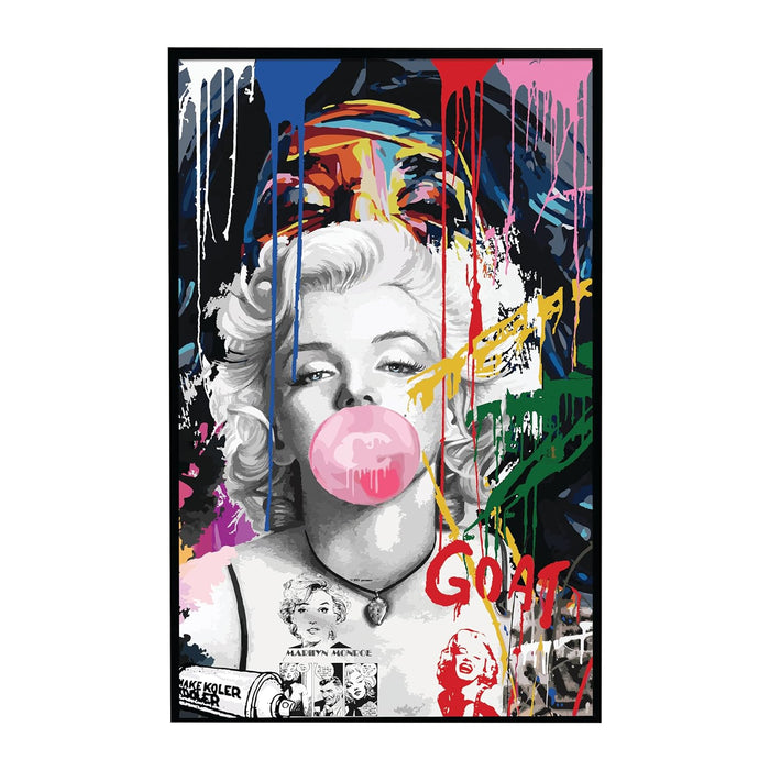 Art Street Framed Canvas Painting Blow Bubble Gum Lady Pop Graffiti Art For Wall Décor Abstract Art (Size: 23x35 Inch)