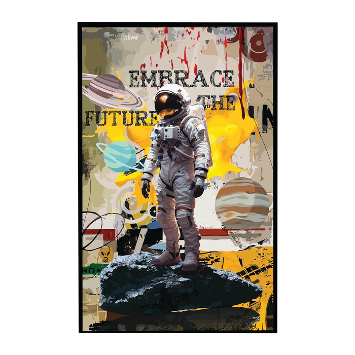 Art Street Framed Canvas Painting Embrace The Future Astronaut Pop Graffiti Art For Wall Décor Abstract Art (Size: 23x35 Inch)