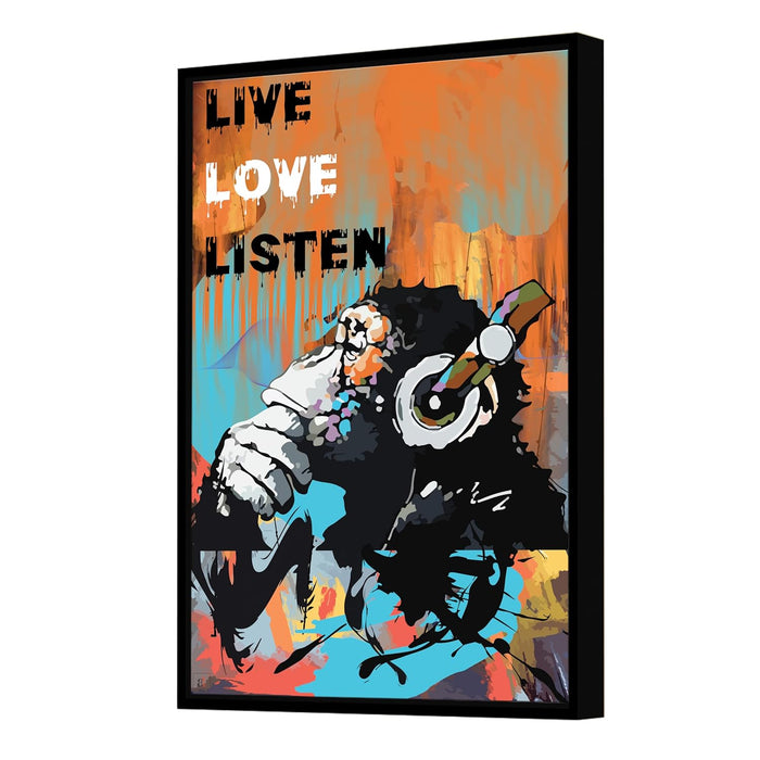 Art Street Framed Canvas Painting Monkey Live Love Listen Pop Graffiti Art Wall Décor Abstract Art (Size: 23x35 Inch)