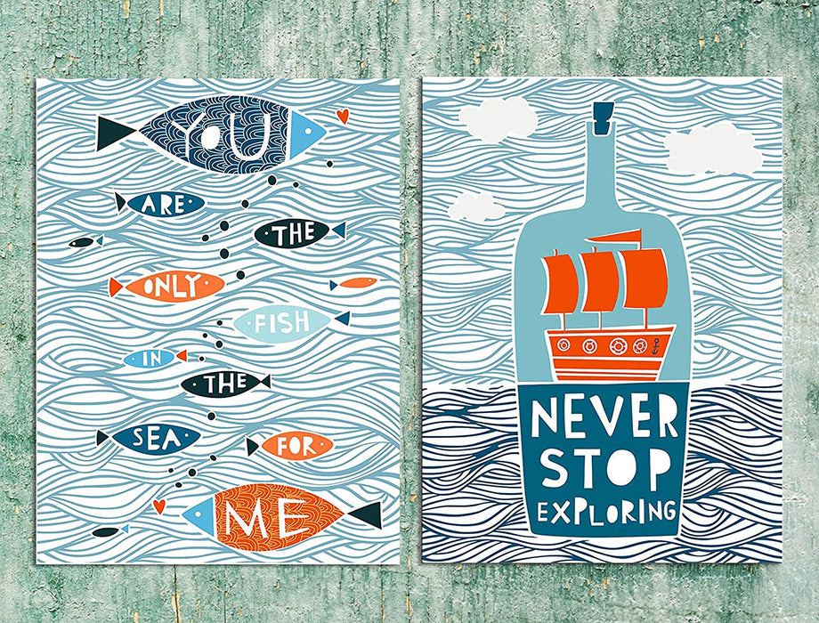 Aqua Theme Motivational Quote Set of 2 Poster # Never Stop Exploring ( Size 12 x 16 Inch )