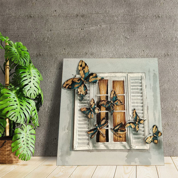 Canvas Ready to Fly Hand Painted Wall Painting Stretched On Wood Gold Foiling Embossed Textured Wooden Decorative Butterfly Oil Painting For Home Wall Decoration (Golden, 31x31 Inches)