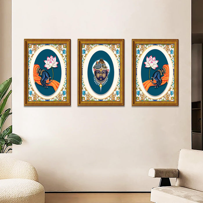 Art Street Pichwai Painting Indian Traditional Wall Art Of Lord Shrinathji Dancing For Home Decor - Set Of 3 (Golden, 3 Pcs-12x18 Inch)