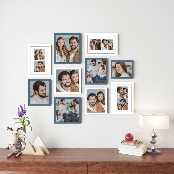 Art Street Large Collage Wall Photo Frame Individual Picture Frame - Set Of 10 (6x8, 8x8, 8x10, 6x10 Inch, White-Blue)