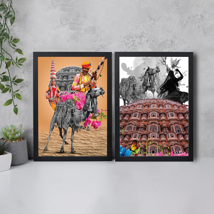 Art Street Embossed Laminated Framed Wall Art Prints People and Traditions of Jaipur Art For Décor Abstract Art (Set of 2, Size - 12.7x17.5 Inch)