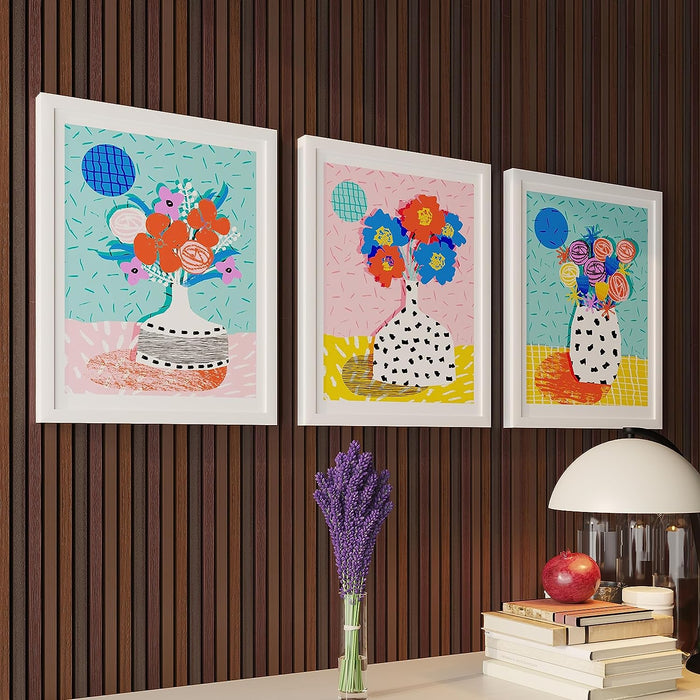 Art Street Abstract Minimal Dots Painting Flower Florals Art Prints For Room Decoration, Decorative Home Wall Décor Art Posters, Wall Art For Living Room - Set Of 3 (Multicolour, 13x17 Inch)