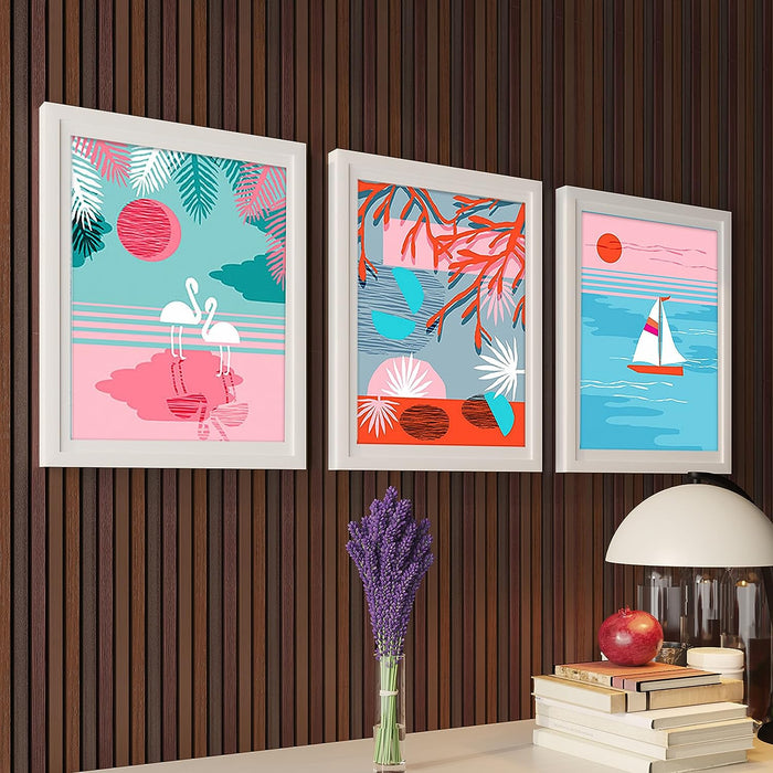 Art Street Abstract Flamingo Pop Art Boat In The Sea Framed Art Prints For Wall Décor, Home Bedroom Decoration, Office Room Décor Gift, Multicolor (Set Of 3, 13x17 Inch)