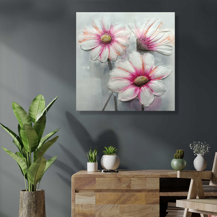 Art Street Canvas Floral Hand Painted Wall Painting The Beauty Of Bliss Stretched On Wood Glitter Filling Wooden Decorative Art Oil Painting For Home Wall Decoration (Pink & White, 24x24 Inches)