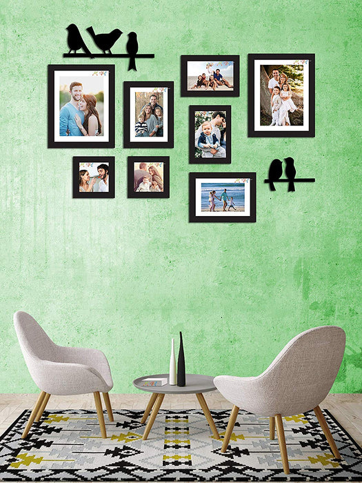 8 Individual Black Wall Photo Frames With Love-Bird's Design MDF Plaque ( Sizes 5" x 5", 5" x 7", 6" x 8", 8" x 10" )