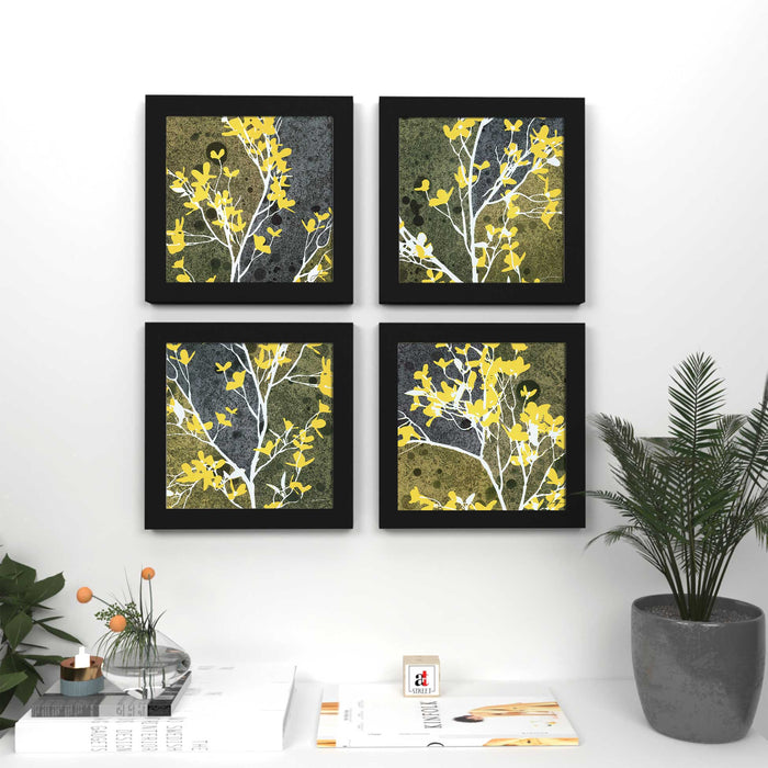 Flowery Set Of 4 Black Framed Art Print Size - 9" x 9" Inch
