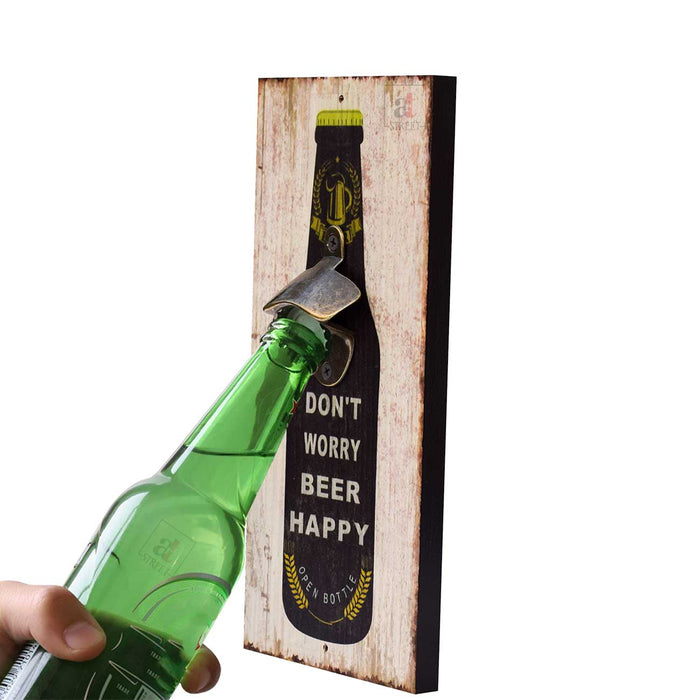 Art Street Don't Worry Beer Happy Wall Mounted Wooden Beer Bottle Opener For Bar,Home, Can Opener Creative Bar & Home Wall Decor