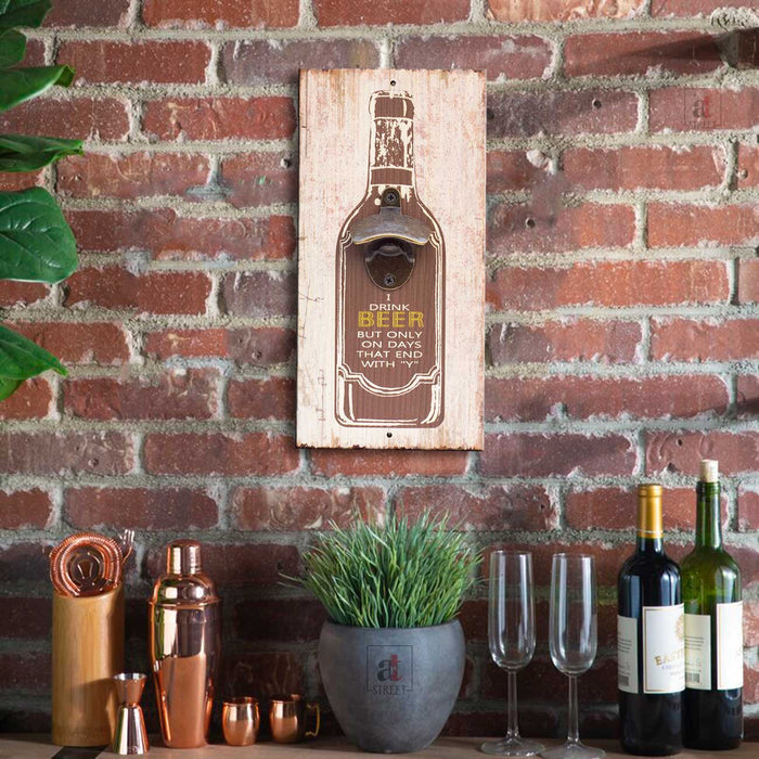 Art Street I Drink Beer But Only On Days That End with"Y" Wall Mounted Wooden Beer Bottle Opener for Bar, Home, Can Opener Creative Bar & Home Wall Decor