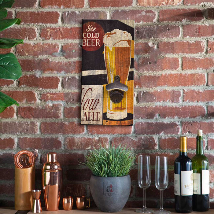Art Street Ice Cold Beer Wall Mounted Wooden Beer Bottle Opener for Bar, Home, Can Opener Creative Bar & Home Wall Decor