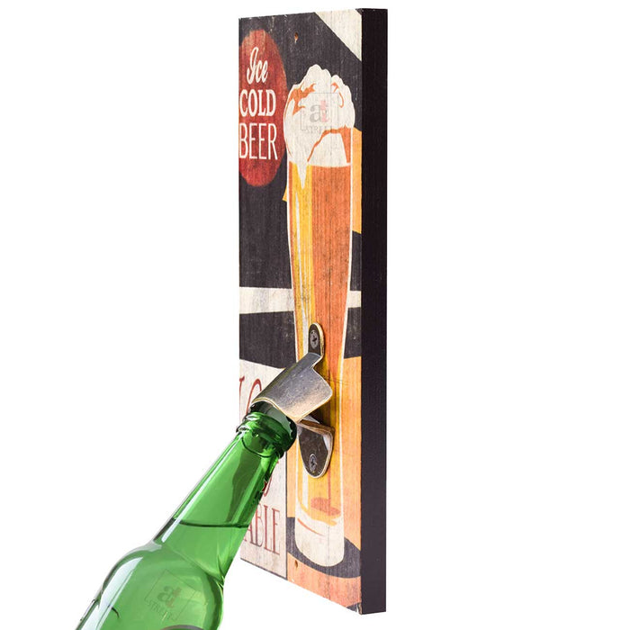 Art Street Ice Cold Beer Wall Mounted Wooden Beer Bottle Opener for Bar, Home, Can Opener Creative Bar & Home Wall Decor