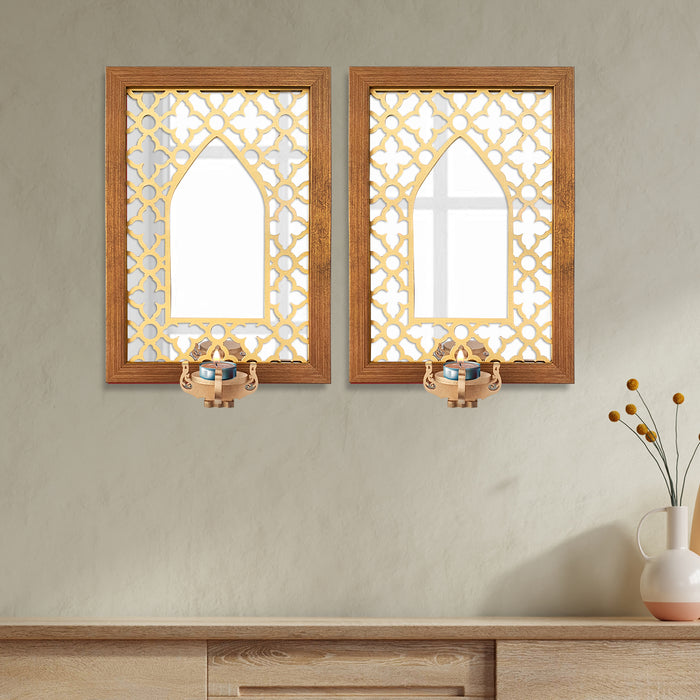 Set of 2 Tealight Candle Holder with Deacorative Wooden Framed Wall Mirror for Home Décor (Size - 13.2 x 9.2 Inchs, Color - Brown) Wooden Tealight Holder Set