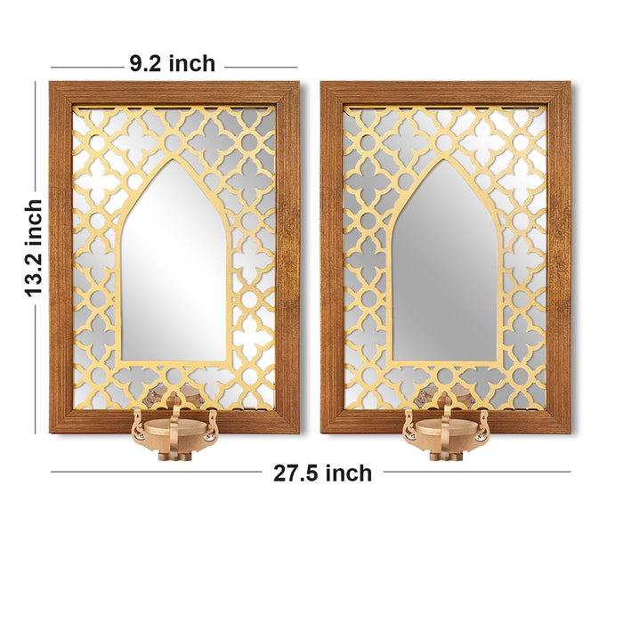 Set of 2 Tealight Candle Holder with Deacorative Wooden Framed Wall Mirror for Home Décor (Size - 13.2 x 9.2 Inchs, Color - Brown) Wooden Tealight Holder Set