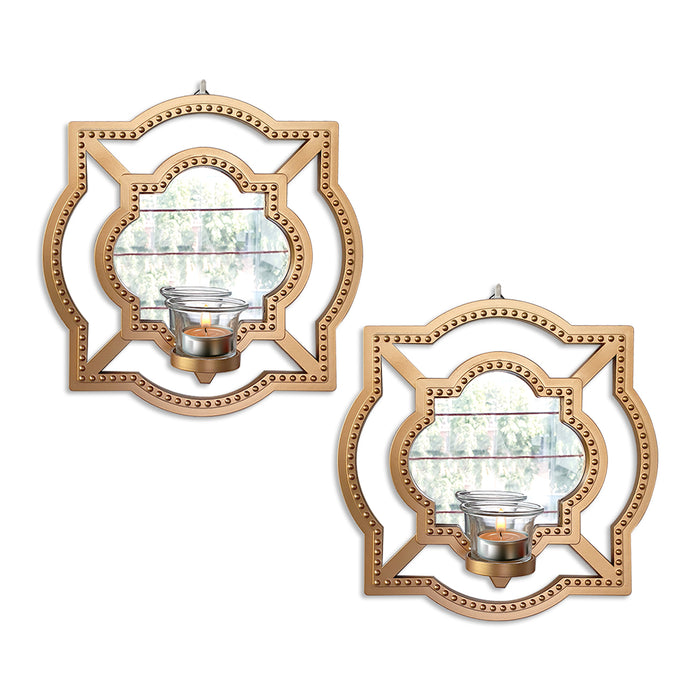Set of 2 Tealight candle holder with decorative Mirror for home décor (size;-10x10 Inches color-golden)
