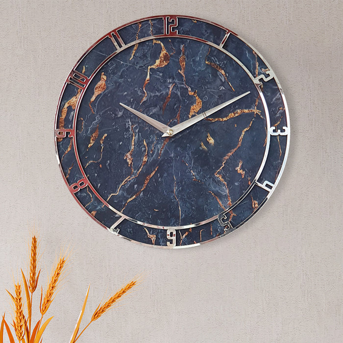 Marble Finish Wall Clock Round Shaped MDF Made Wall Clock for Home & Office Decorations Size 11.5 x 11.5 Inches, Color- Blue & Silver