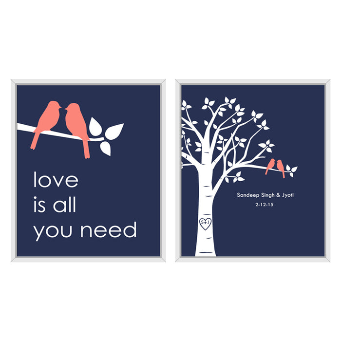 Art Street Personalized Blue Love Birds Date & Name Display Art Print Set of 2- 10x12 Inches