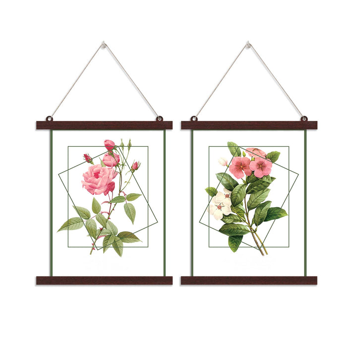 Paintings Hangings Canvas Scroll Poster for Home Décor Set of 2 Pink Rose in Frame Hanging Canvas Painting for Wall and Living Room Decoration
