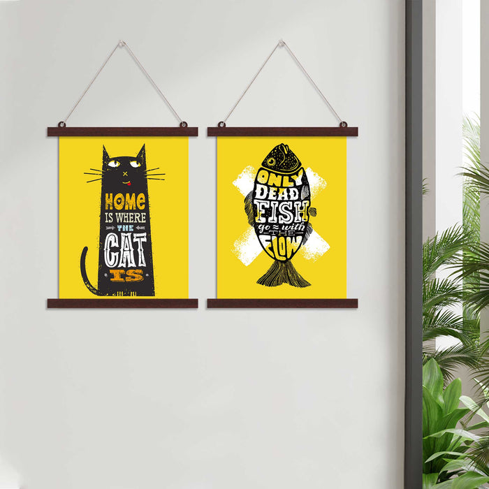Paintings Hangings Canvas Scroll Poster for Home Decor Cat & Fish Motivational Quotes Hanging Canvas Painting for Deco